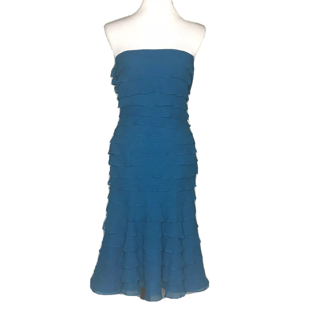 Tadashi Collection Teal Blue 100% Silk Tiered Ruffle Strapless Dress Womens 4